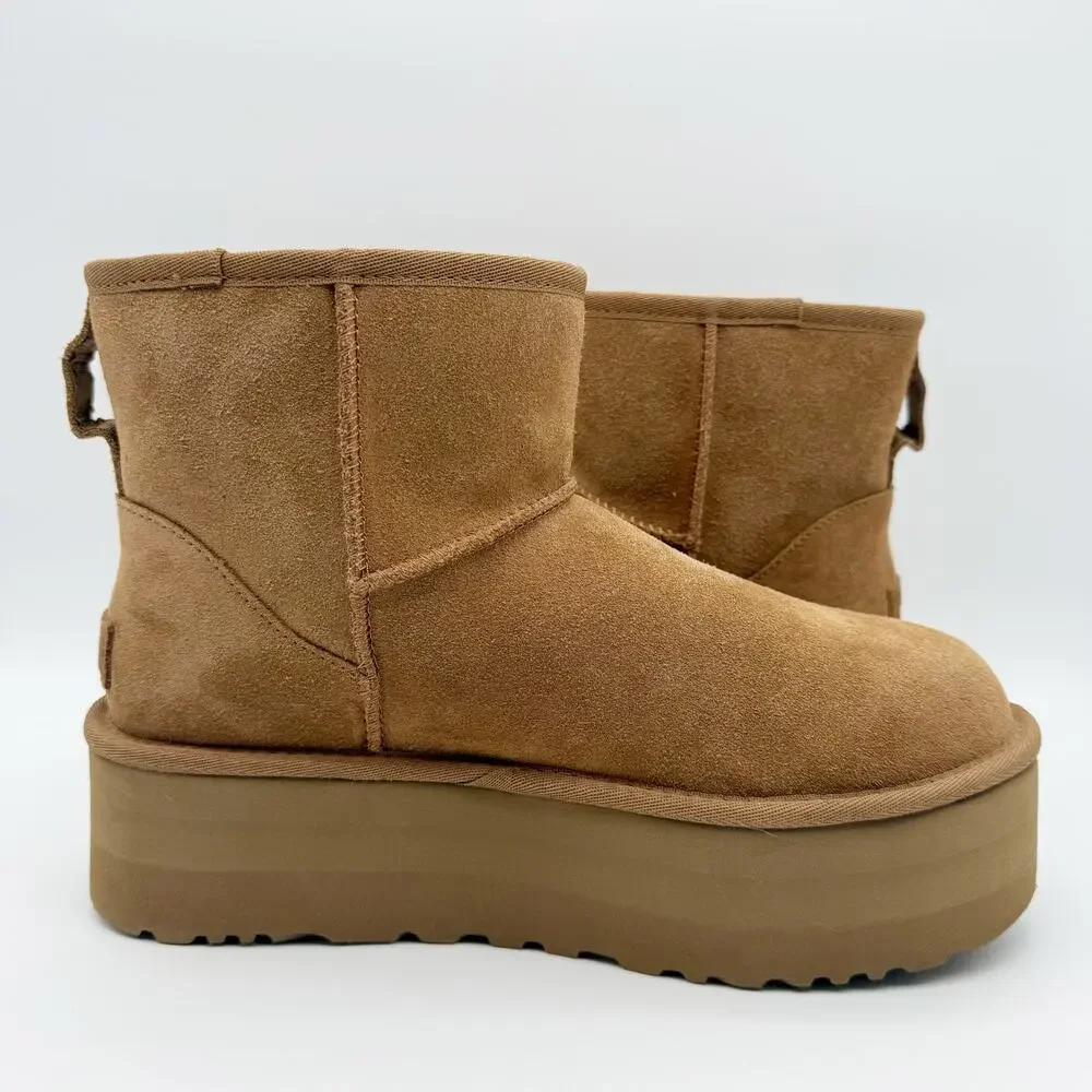 UGG Womens Classic Mini Platform Bootie US 9 EU 40 Chestnut Suede EUC